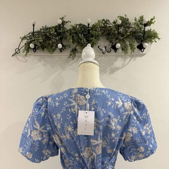 Wayf Blue Floral Tiered Puff Sleeve Boho Maxi Dress Cut Out Sides NEW large - Picture 5 of 6